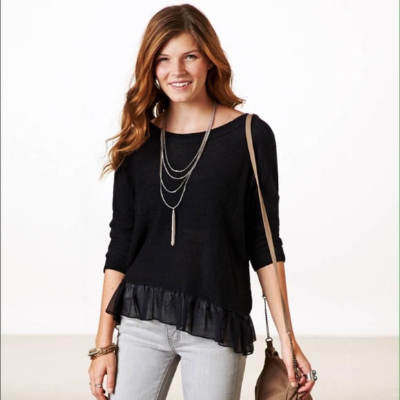 American Eagle Outfitters Sweaters - AEO Black Ruffle High-Low Ciffon Trim Sweater Sm